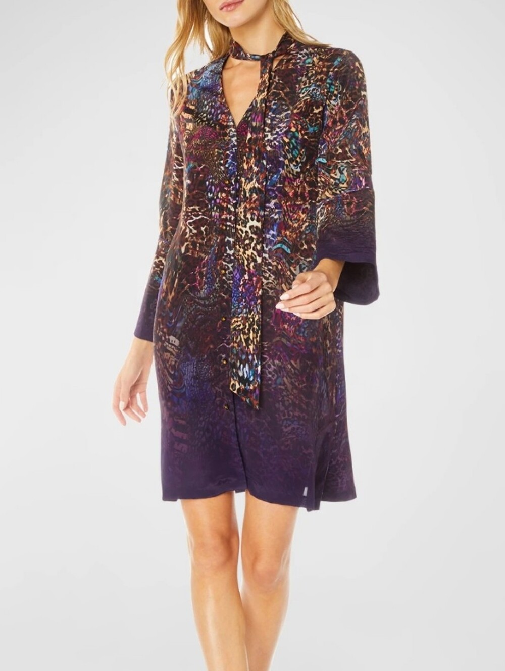 NWT Robert Graham Brenna Purple Multicolor Animal Print Tie-Neck Mini Dress S